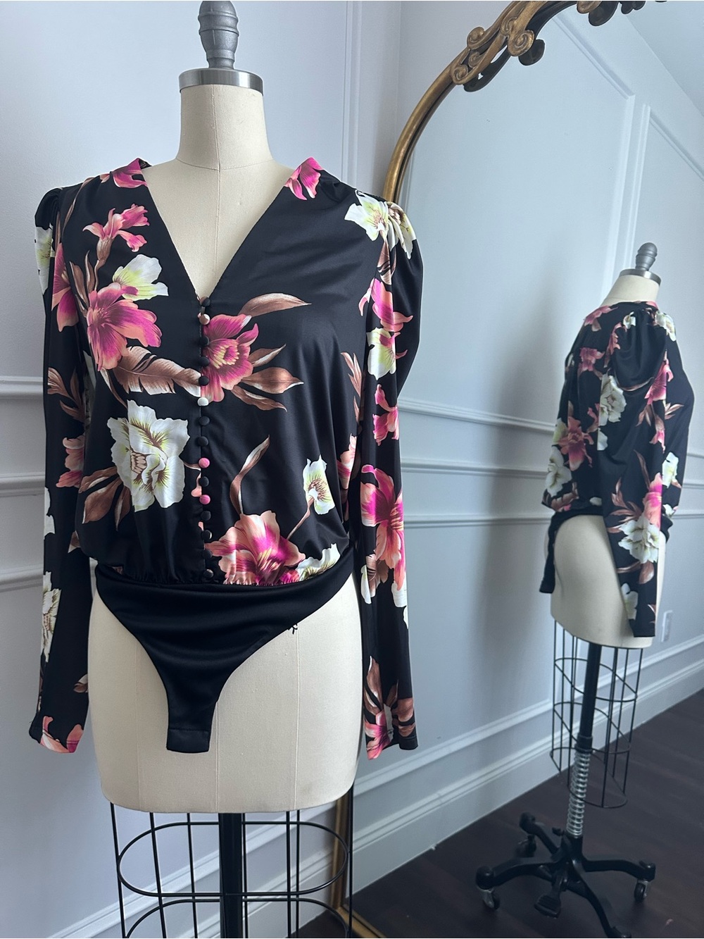 AFRM Black Floral V-Neck Long Sleeve Bodysuit with Pink and Cream Flowers